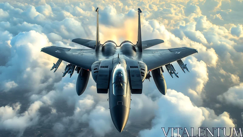 Modern jet fighter aircraft flying above dense clouds.