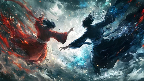 Stormborne duel of crimson and shadowlocked sorcerers.