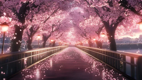 Sunlit cherry blossom bridge glows in a tranquil spring haze