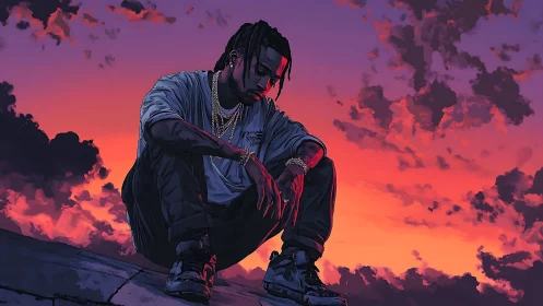 Skyline daydreamer crouches beneath neon soaked sunset clouds.