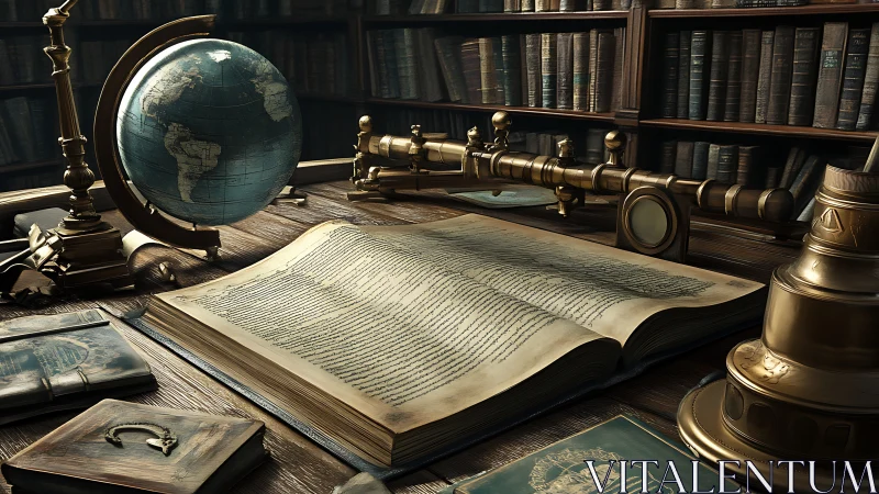 Timeless study desk with globe, telescope, and old books.
