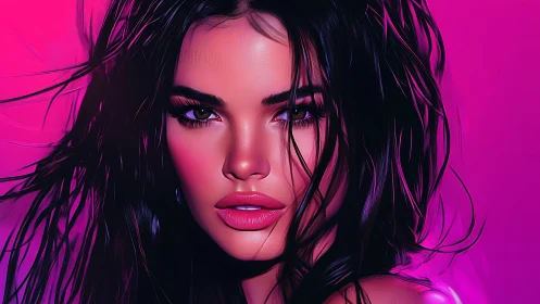 Digital portrait of woman with dark hair on magenta backdrop.