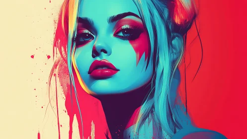 Neon split-tone portrait with expressive paint-splash accents.