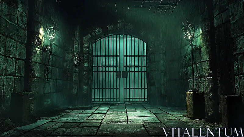 Dungeon gate corridor under cold teal torchlight.