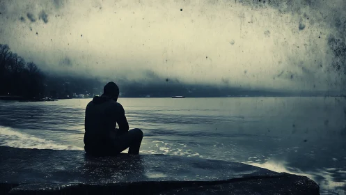 Solitary hooded figure sits by misty lakeshore at dusk