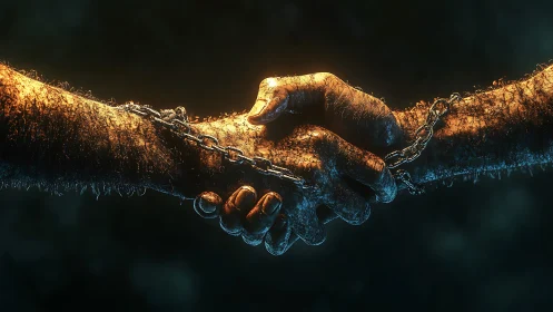 Bound handshake with chained, weathered hands in light.