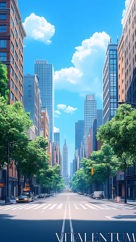 Sunny tree-lined city avenue stretches toward skyline view.