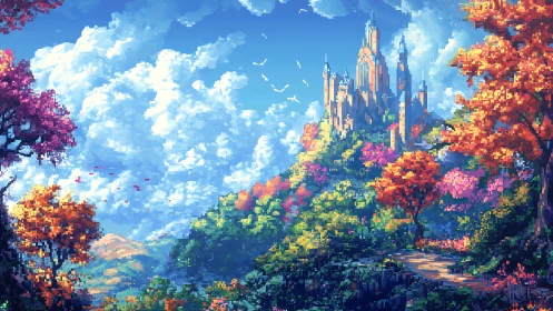 Pixel-bright castle daydream tucked into painted autumn hills.