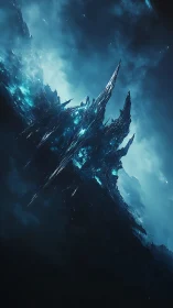 Shimmering crystal spires rise through stormy celestial mist