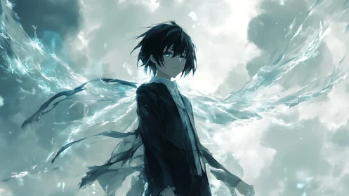 Water-winged dusk wanderer under storm-bright skies.