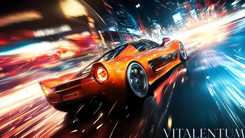 Orange hypercar races through neon city light trails at speed.