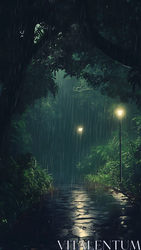 Enchanted rainforest pathway glows warmly through the rain