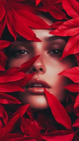 Female face emerges through vivid red foliage in close view