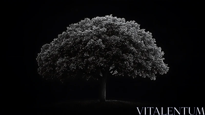Solitary deciduous tree in monochrome against black background.