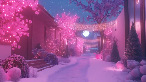 Moonlit pink winter lane glows softly with twinkling lights