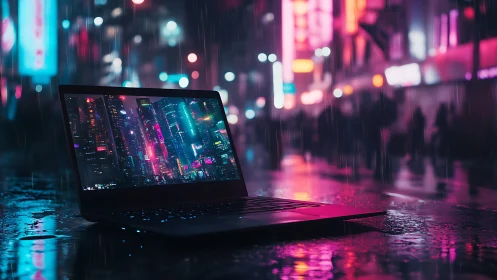 Rain-soaked laptop on neon street reflects dense cyberpunk skyline