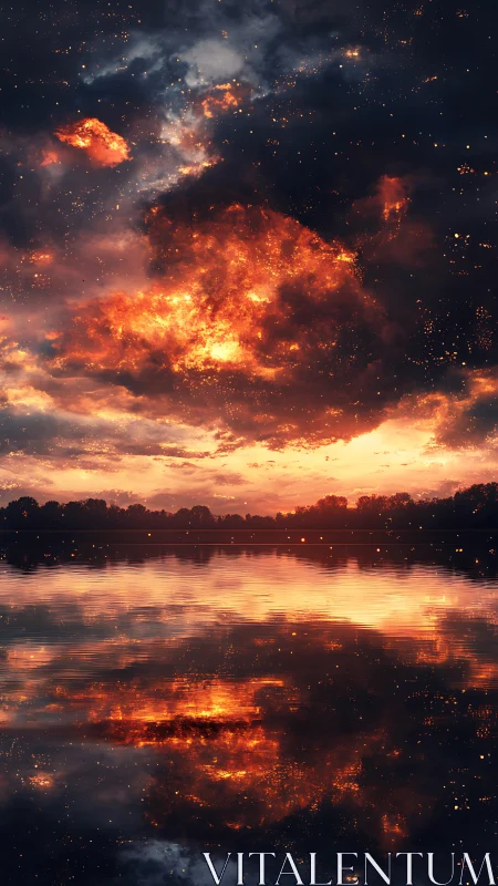 Cosmic Inferno Over Still Waters: Celestial Explosion at Dusk.