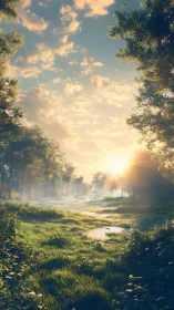 Sunlit Forest Valley with Stream and Golden Hour Glow.