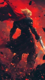 Armored swordsman stands amid red particulate explosion