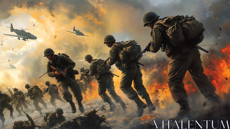 Storm-forged infantry charge beneath burning battle skies.