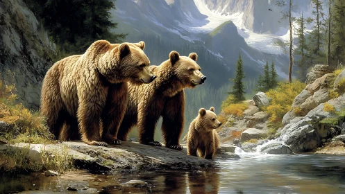 Grizzly bear family surveys alpine stream in sunlit valley