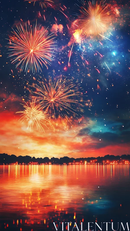 Spectral fireworks over chromatic lakeside horizon at dusk.