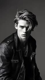 Moody black and white portrait of stylish young man.
