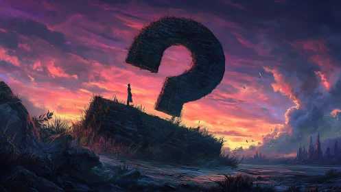 Monolithic question mark monolith under iridescent twilight sky.