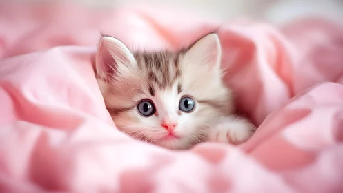 Kitten Nestled in Pink Blanket.