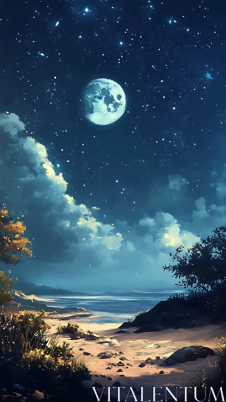 Moonlit shoreline is rendered under a dense star field