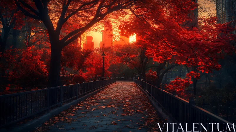 Urban park pathway crosses under dense red autumn canopy