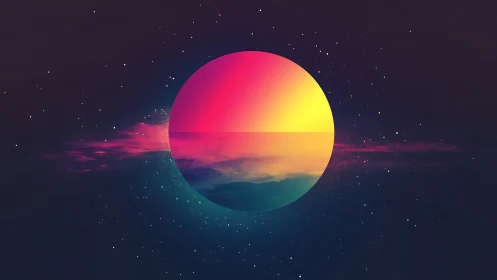 Neon horizon sphere floats within deep starry cosmos