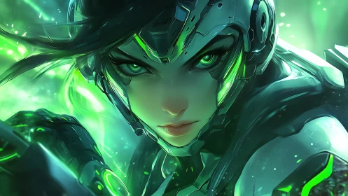Cybernetic warrior portrait with neon green energy visor