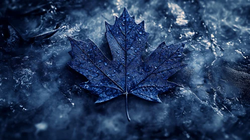 Blue maple leaf resting on textured icy surface.