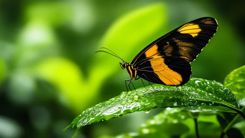 Rain-soaked jungle butterfly pausing on emerald leaf stage.