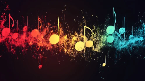 Colorful music notes glow across dark splattered spectrum