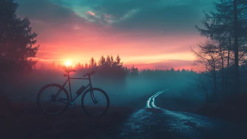 Bicycle on Rural Road at Sunrise with Forest Mist.