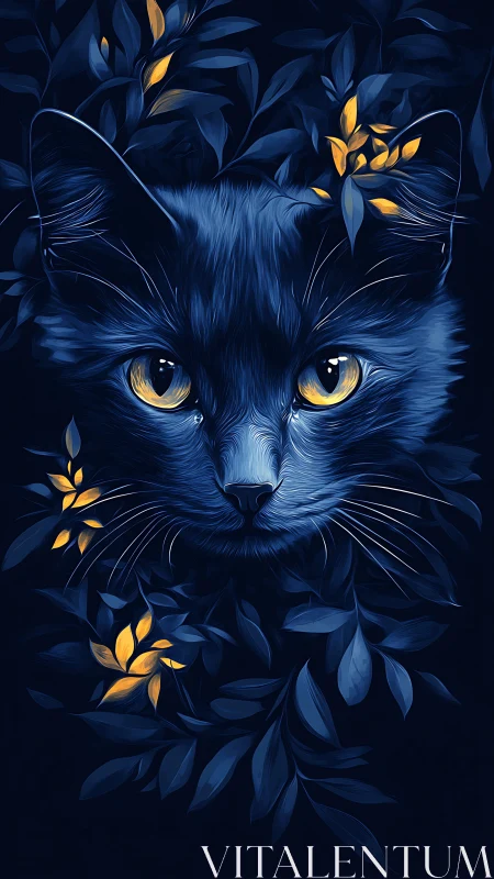 Midnight Feline Portrait with Golden Eyes and Glowing Botanical Elements