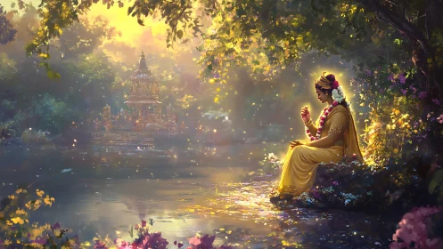 Golden robed figure in serene riverside temple light.