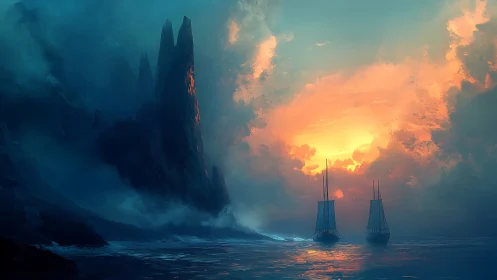 Luminous tempest horizon with twin sailing silhouettes at sea.