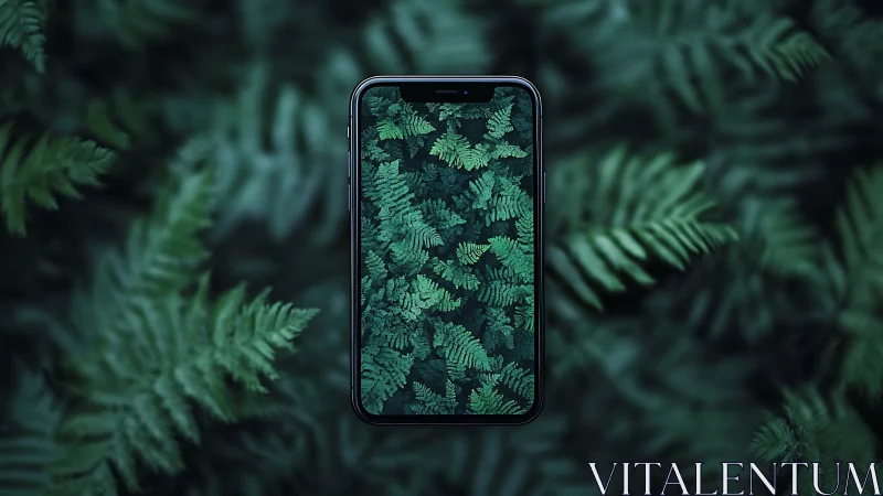 Forest-screen portal where digital glass blooms into ferns.