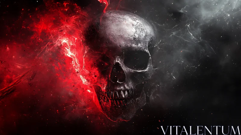 Burning skull emerging from red and black swirling smoke.