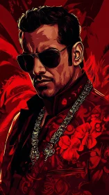 Crimson swagger paints a shadowed king in molten light