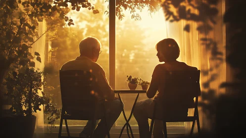 Backlighting silhouettes: two figures seated at table with golden hour rim lighting effect