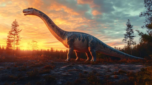 Sunset giant: long-necked dinosaur roaming ember forest.