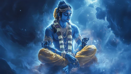 Celestial blue deity in golden repose amid swirling starlight.