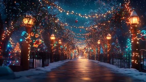 Sparkling winter walkway wrapped in festive holiday lights.