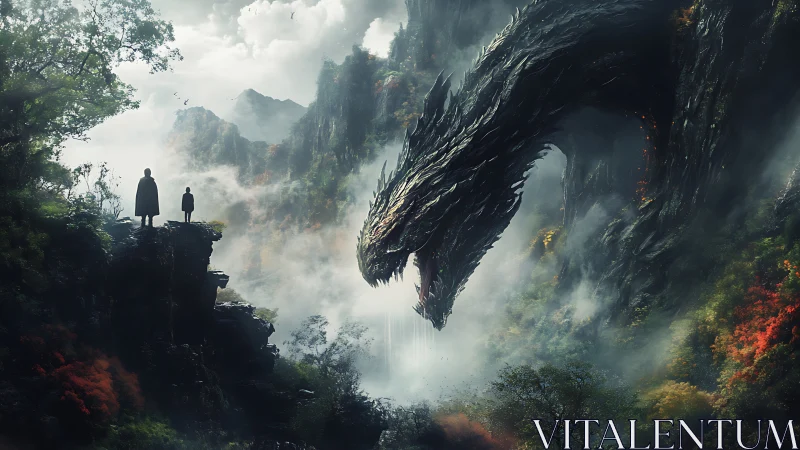 Giant dragon head confronts two cloaked figures on misty cliffs