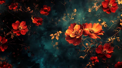 Red and orange digital flowers on dark teal textured ground.