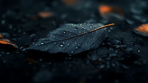 Single wet leaf rests on dark ground with scattered droplets